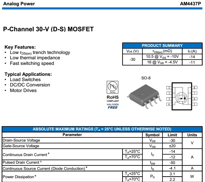 am4437p完美替代ao4407a适用于锂电保护板动力电池30v11a